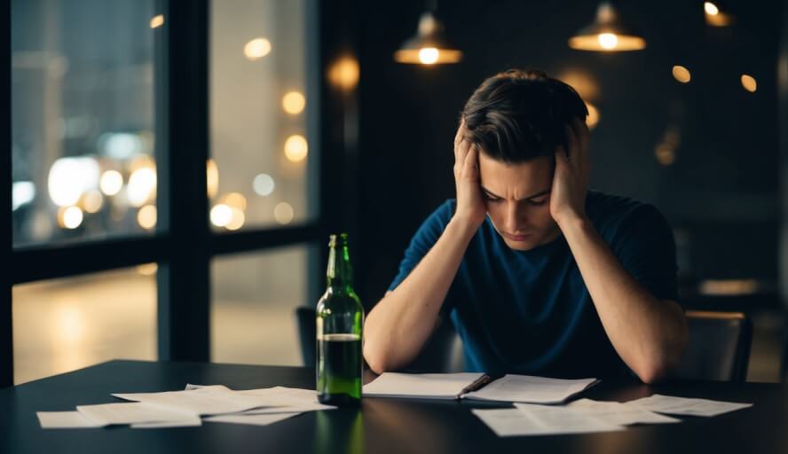 A person sitting alone at a dimly lit table, holding their head in their hands, with an empty bottle and scattered papers around them