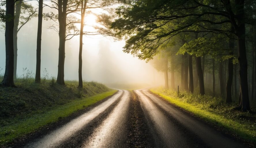 Two paths diverging in a forest, one shrouded in mist, the other bathed in sunlight