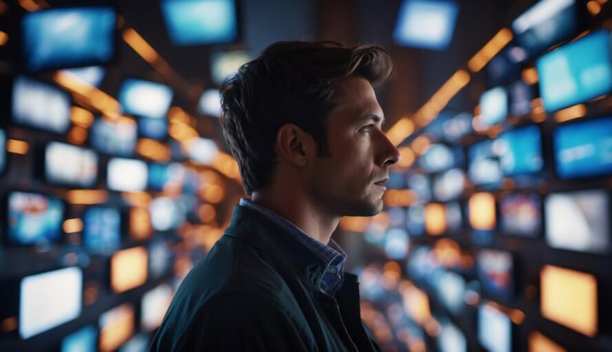 A person surrounded by glowing screens, neglecting real-life activities