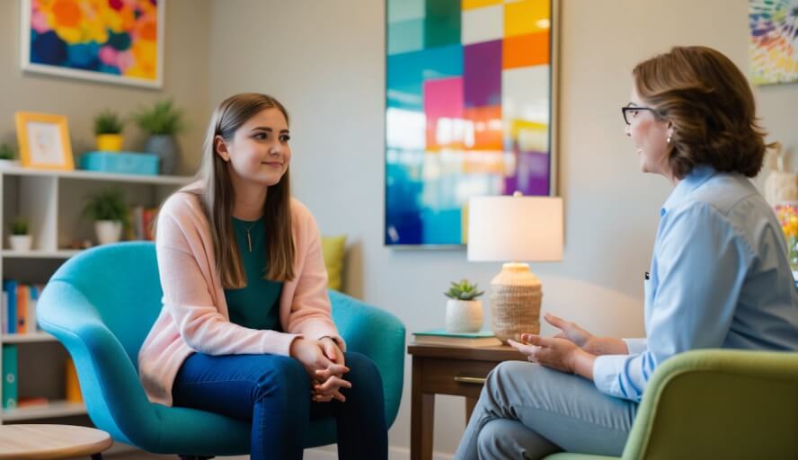 A teenager sits in a cozy therapist's office, surrounded by colorful artwork and comfortable furniture. The therapist listens attentively, offering support and guidance
