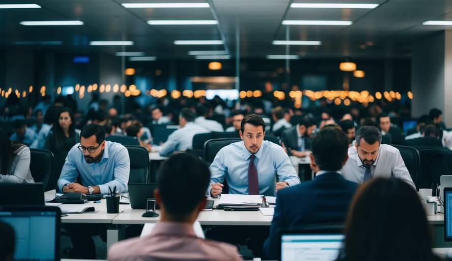 A crowded, noisy office with constant interruptions and no structure