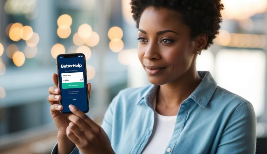 A person holding a phone with the BetterHelp app open, looking at the pricing information with a thoughtful expression
