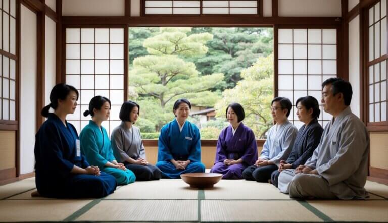 A group of people in Japan seek mental health support through BetterHelp, shown in a serene, traditional setting with a blend of modern technology