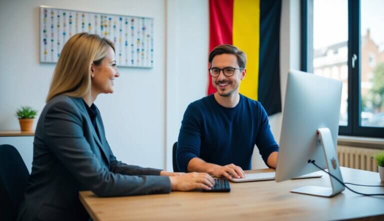 A therapist sits in front of a computer, video chatting with a client. The Belgian flag hangs on the wall behind them