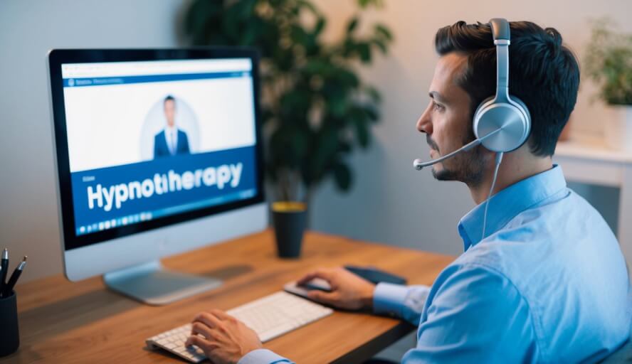 A person sits comfortably in front of a computer, wearing headphones and listening to a soothing voice. The screen shows a hypnotherapy session in progress