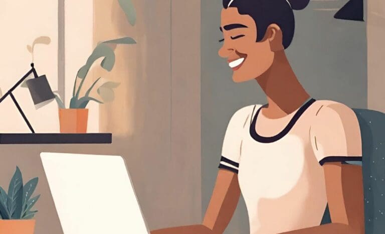 Happy person sitting down at their desk looking for insurance options on their laptop
