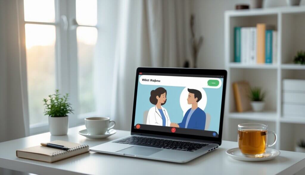 A person participating in an online therapy session on a laptop in a cozy home office with natural light and calming decor.