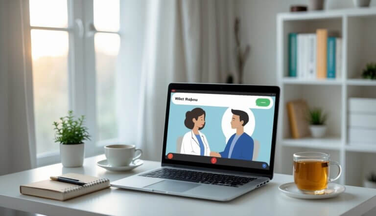 A person participating in an online therapy session on a laptop in a cozy home office with natural light and calming decor.