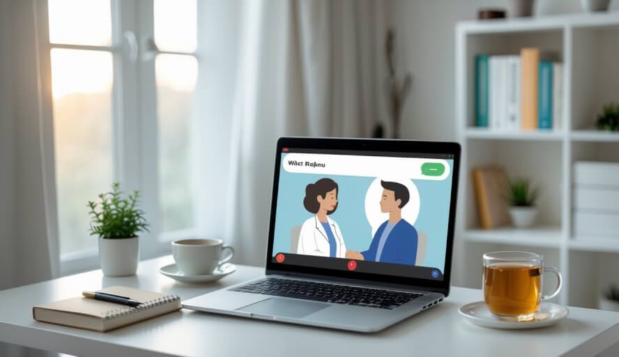 A person participating in an online therapy session on a laptop in a cozy home office with natural light and calming decor.