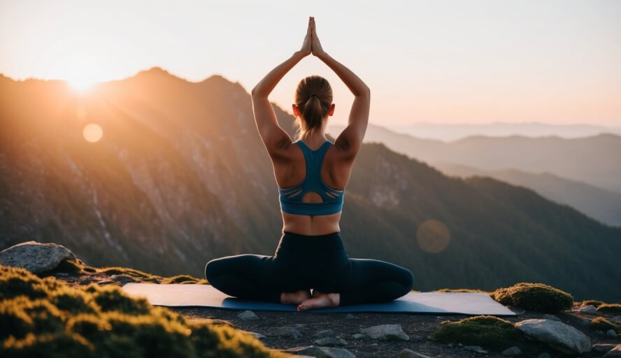 A person surrounded by nature, practicing yoga on a peaceful mountaintop at sunrise