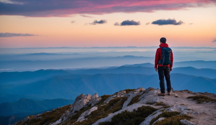A person standing on a mountain peak, gazing out at a vast and colorful horizon, with a sense of peace and contentment