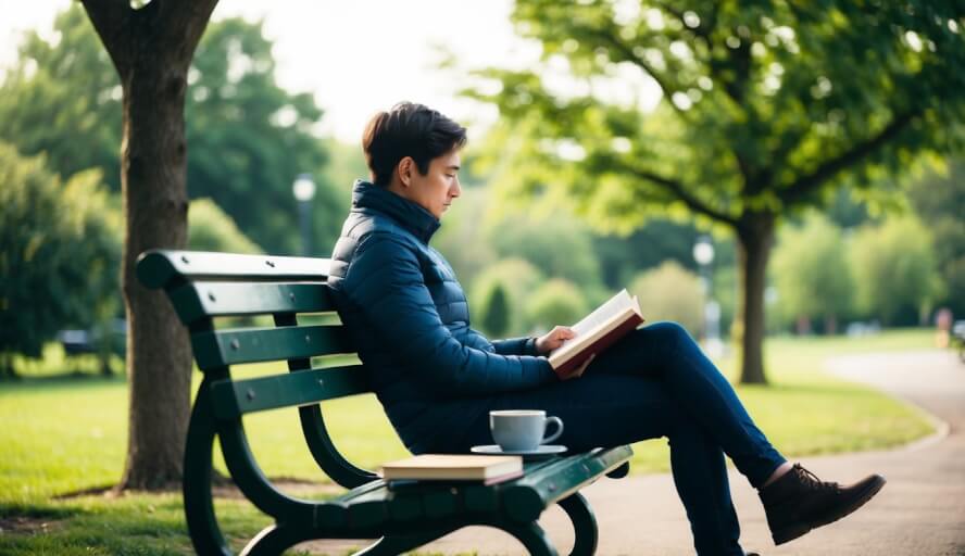 A person sitting alone on a park bench, surrounded by nature. A book, a journal, and a cup of coffee are on the bench next to them