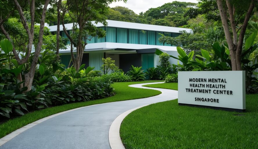 A tranquil garden with a winding path leading to a modern mental health treatment center nestled among lush greenery in Singapore