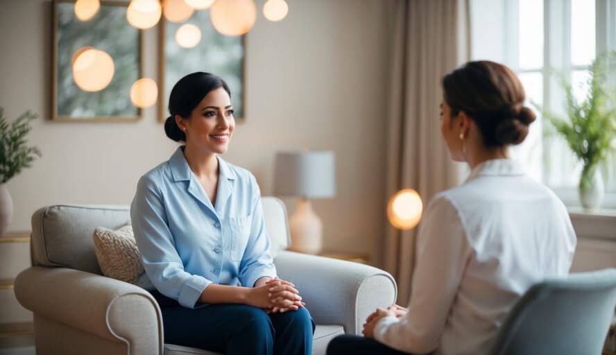 A serene office with a cozy couch and soft lighting, a professional therapist sits across from a client, engaged in conversation
