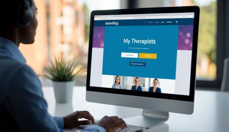 A person sitting at a computer, navigating the BetterHelp website. They click on the "My Therapists" tab and select the option to switch therapists