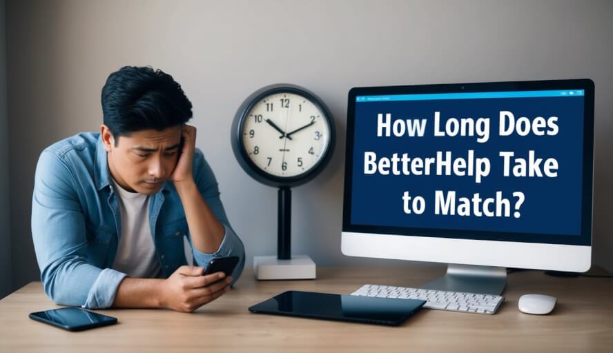 A person anxiously waits by a clock, checking their phone for updates, while a computer screen displays the words "How Long Does BetterHelp Take to Match."