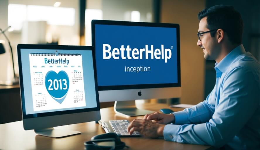 BetterHelp's inception depicted with a calendar showing the year 2013. A computer screen displays the company's logo, while a person sits at a desk, typing on a keyboard