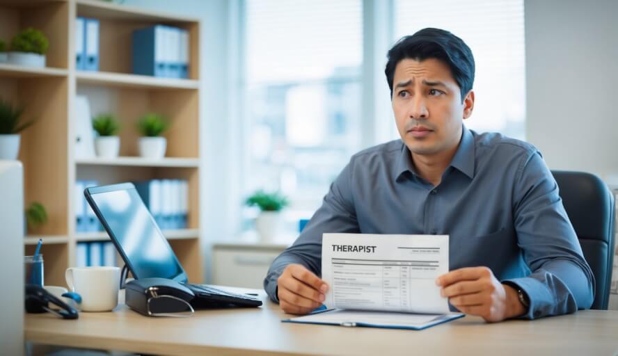 A person sitting in a therapist's office, holding a bill with a worried expression