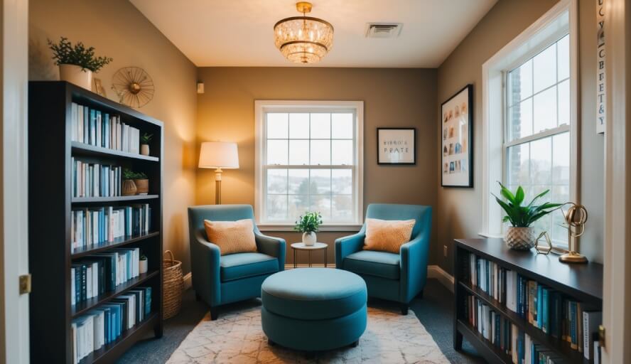 A cozy therapy office with warm lighting, comfortable seating, and a welcoming atmosphere. A bookshelf filled with resources on sexuality and relationships