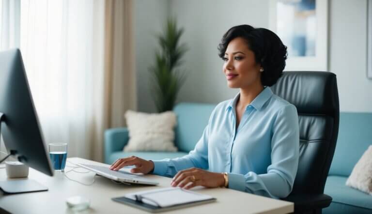A person sitting in front of a computer, engaging in an online therapy session. The room is calm and peaceful, with soft lighting and comfortable seating