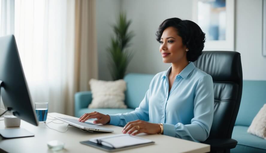 A person sitting in front of a computer, engaging in an online therapy session. The room is calm and peaceful, with soft lighting and comfortable seating