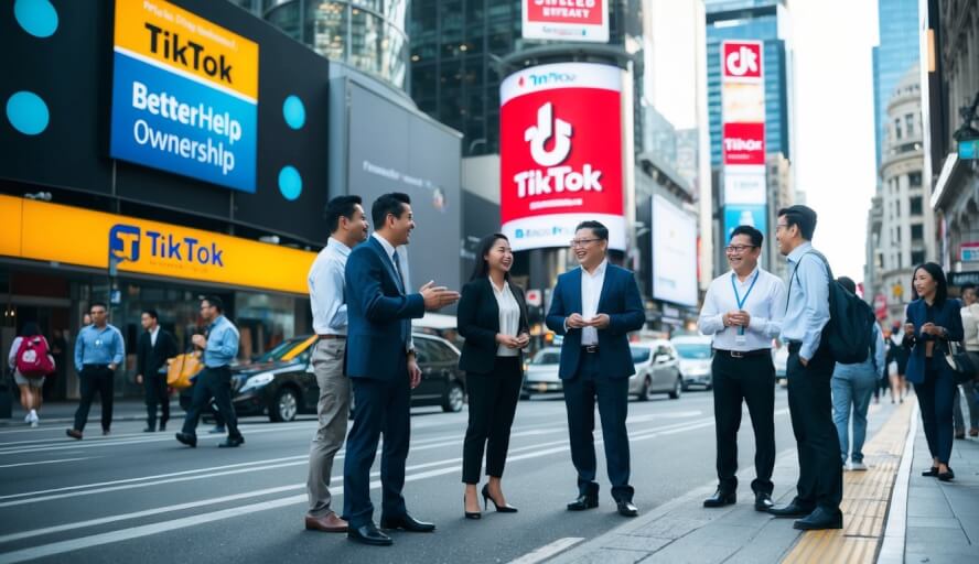 A bustling city street with a prominent TikTok billboard in the background, while a group of people engage in a conversation about BetterHelp ownership