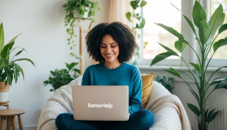 A person sitting comfortably in a cozy room, surrounded by plants and natural light, while engaging with the BetterHelp app on their laptop