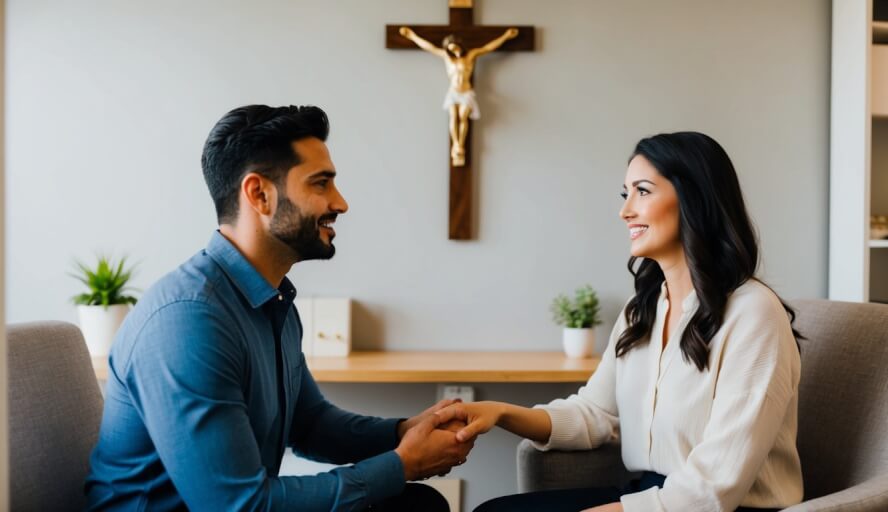 A couple sits in a cozy office, holding hands and talking to a counselor. A crucifix hangs on the wall behind them
