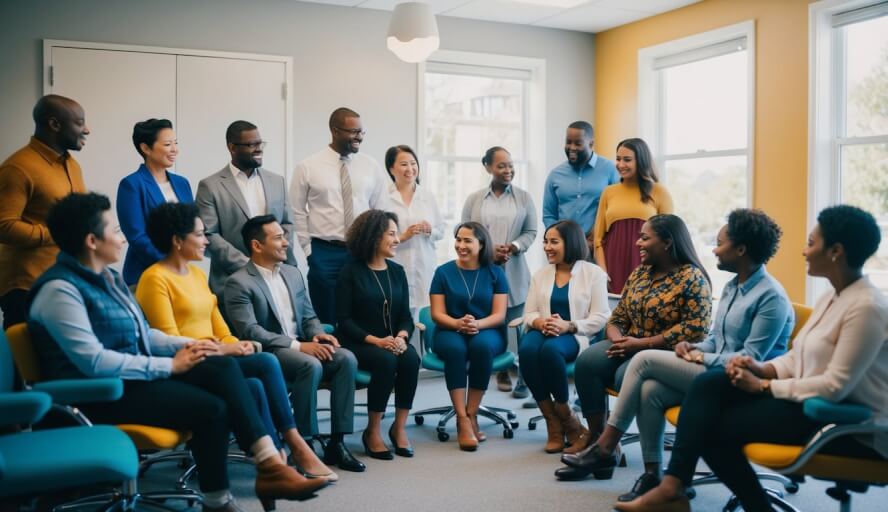 A diverse group of people of various ages and backgrounds gather in a welcoming and inclusive therapy office. A bilingual therapist engages in conversation with a client in Spanish