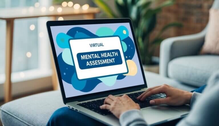 A laptop displaying a virtual mental health assessment with a calming background and a cozy, comfortable setting
