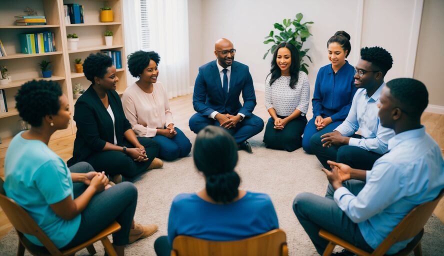 A group of diverse individuals sit in a circle, engaging in a therapy session. A counselor leads the discussion, while others listen and share their experiences