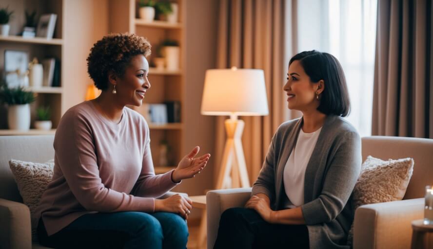 A cozy room with a therapist and client engaging in conversation, surrounded by comforting decor and warm lighting
