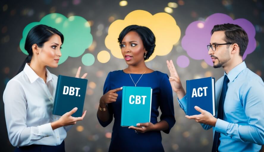Three therapists debate, each holding a different book: "DBT," "CBT," and "ACT." They gesture emphatically, surrounded by colorful thought bubbles