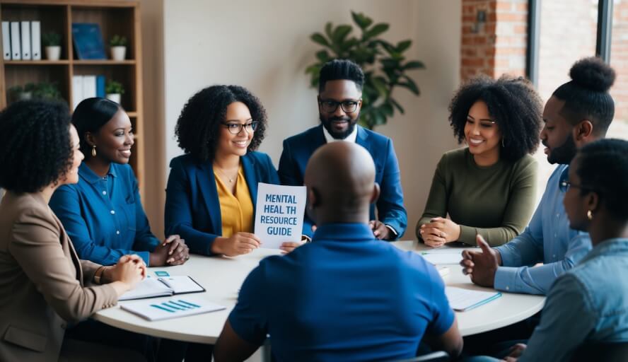 A diverse group of African American individuals gather around a table, holding a mental health resource guide. They engage in open discussion and support