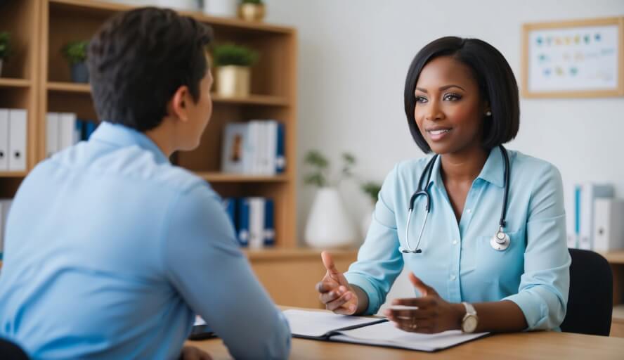 An english speaking therapist speaking with a client in a cozy office