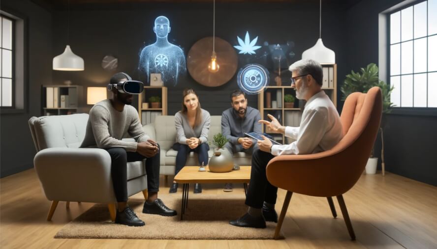 A Diverse Group Of People, Including A Therapist Utilizing Augmented Reality (ar) Technology To Enhance Mental Health Treatment With Cognitive Behavioral Techniques