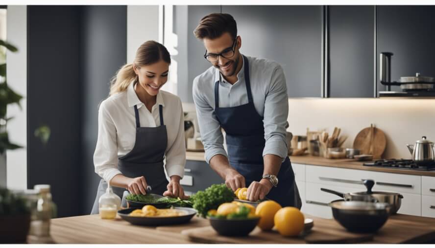 A woman is expected to cook and clean while a man relaxes