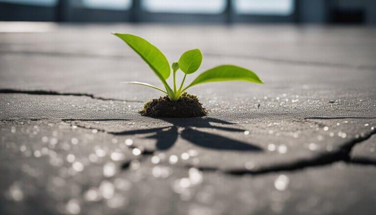 An office desk with a plant growing through a crack in the concrete, symbolizing resilience and adaptability to change in the workplace