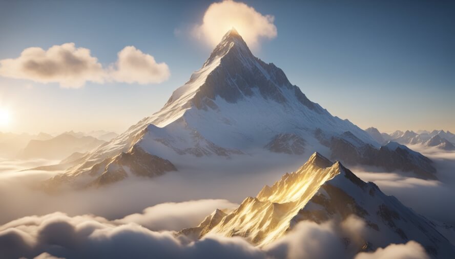 A mountain peak rising above the clouds, bathed in golden sunlight, with a victorious flag waving at the summit