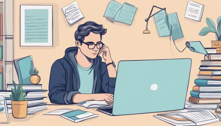 A person sitting at a desk with a laptop, surrounded by books and notes. A thoughtful expression on their face as they consider their options for online therapy