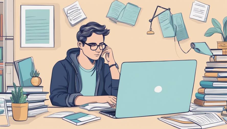 A person sitting at a desk with a laptop, surrounded by books and notes. A thoughtful expression on their face as they consider their options for online therapy