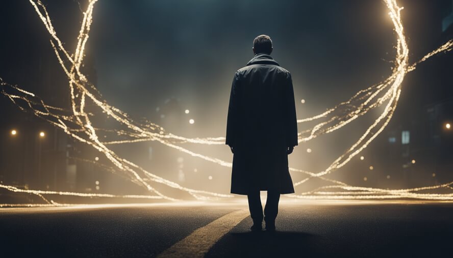 A figure stands at a crossroads, torn between two paths. One is shrouded in darkness, the other bathed in light. The figure's inner turmoil is palpable, as they grapple with the conflicting forces of existentialism and psych