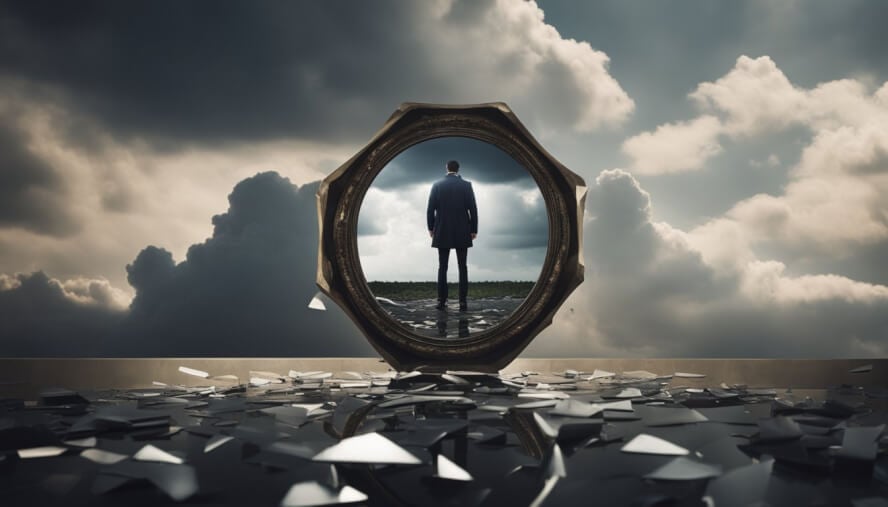 A dark cloud looms over a shattered mirror, reflecting a distorted image. A figure stands alone, surrounded by broken pieces, with a heavy weight on their shoulders