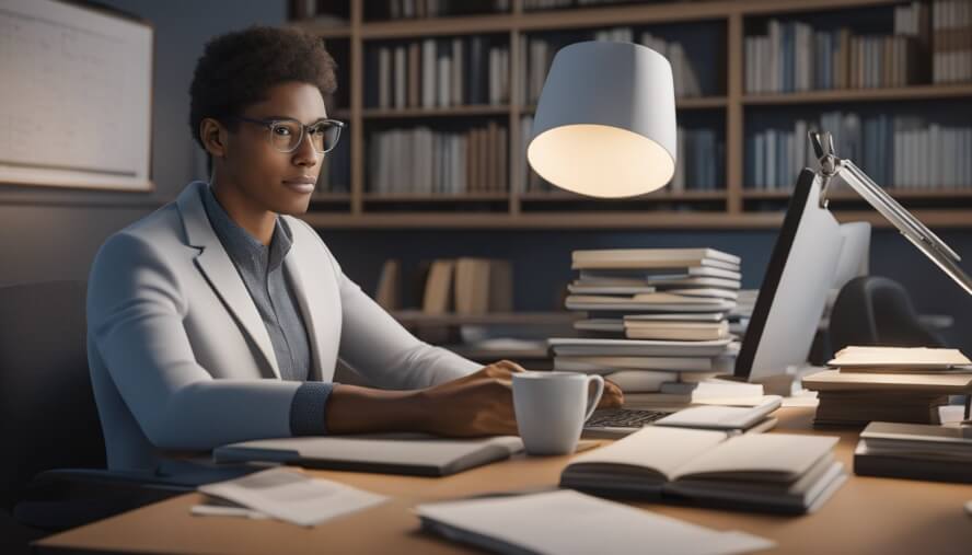 A clinical psychologist sits at a desk, surrounded by books and research papers. A computer screen displays salary information for Australian clinical psychologists