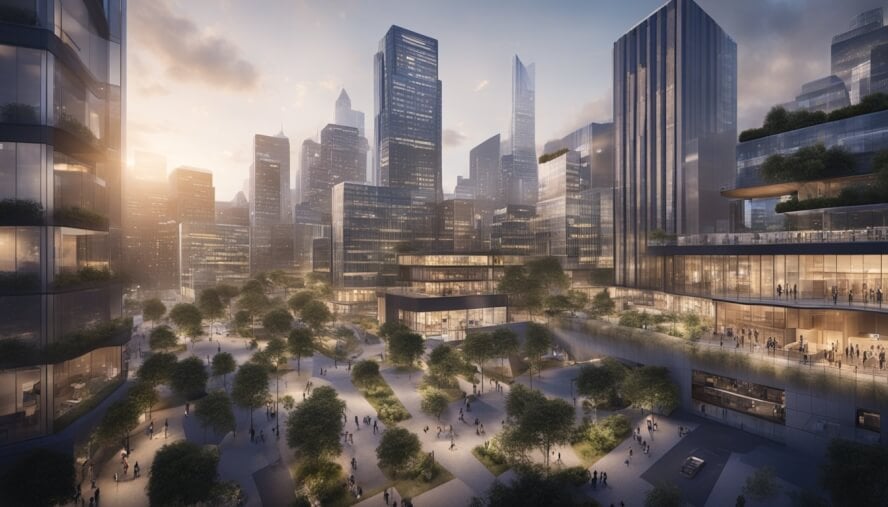 A bustling cityscape with various office buildings and job recruitment centers, with charts and graphs depicting the fluctuating job market and income potential for clinical psychologists in Australia