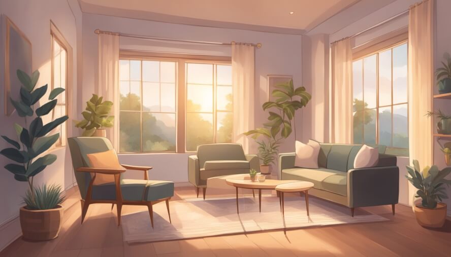 A serene room with a comfortable chair, soft lighting, and calming decor. A therapist guides a client through relaxation techniques and positive affirmations