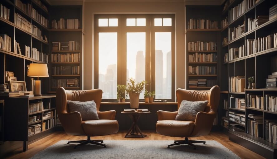 A cozy office with two chairs facing each other, a warm and inviting atmosphere, and a bookshelf filled with resources on co-parenting and communication