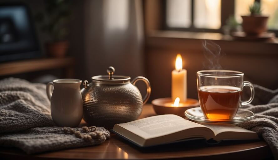 A cozy room with soft lighting, a warm blanket, a cup of herbal tea, a journal, and a calming essential oil diffuser