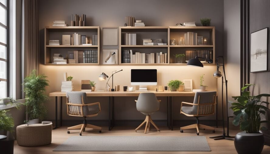 A cozy office with two chairs, a desk, and soft lighting. A comforting atmosphere with books and calming decor