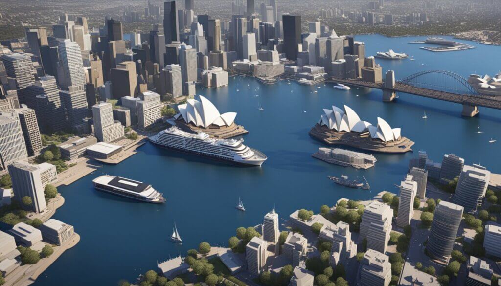 Busy Sydney downtown with iconic skyline, bustling streets, and vibrant harbor. Tall skyscrapers, ferry boats, and the Sydney Opera House stand out against the blue sky